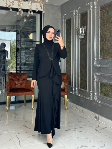 Elina Krep Elbise-Siyah - Resim 3