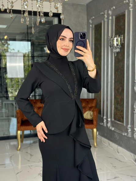 Elina Krep Elbise-Siyah ürün görseli 1