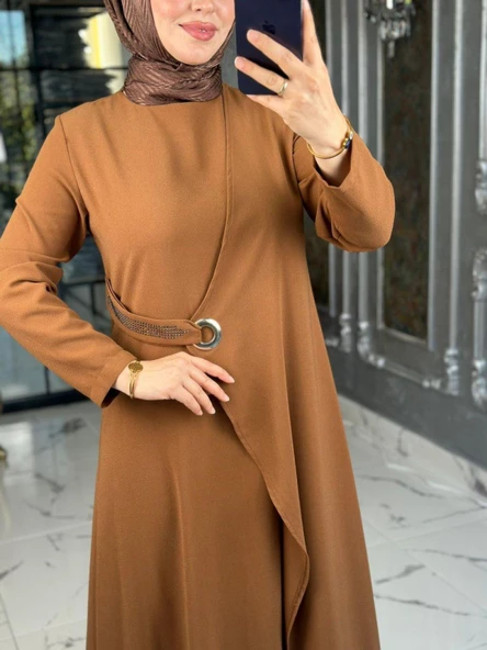 Kuş Gözü Detaylı Elbise-Taba - Resim 2