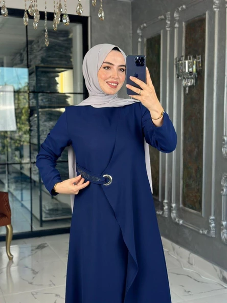 Kuş Gözü Detaylı Elbise-Lacivert - Resim 5