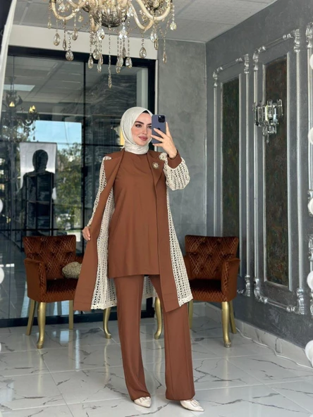 Hande Dantelli Takım-Kahverengi ürün görseli 1