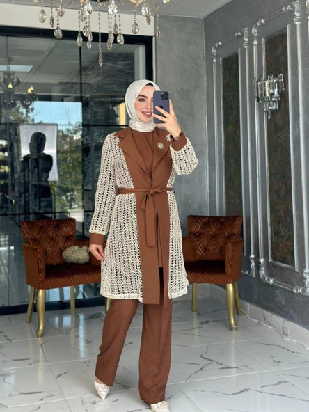 Hande Dantelli Takım-Kahverengi - Resim 2