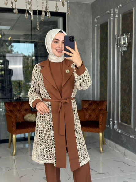 Hande Dantelli Takım-Kahverengi - Resim 3