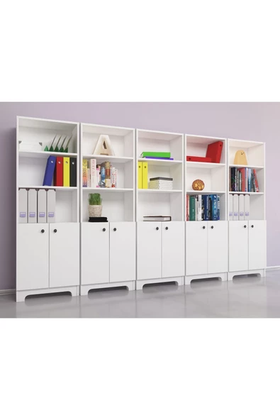 Nur Mobilya 5'li Kapaklı Kitaplık Seti Ofis Dolabı Beyaz ürün görseli 1