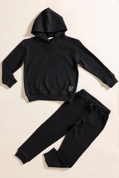 2'li Kapişonlu Siyah Waffle Sweat Jogger Alt Üst Takım ürün görseli 1