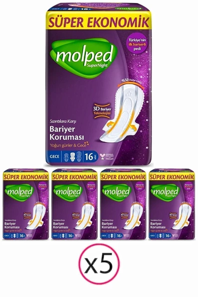 Molped Supernight Gece Hijyenik Ped 16 Lı X 5 Adet ürün görseli 1
