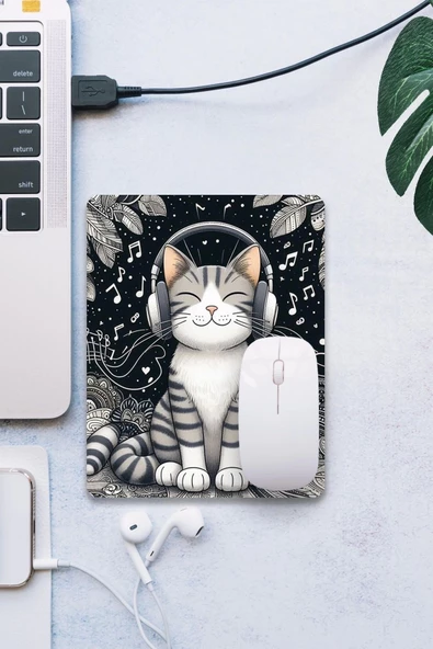 SonicTouch Müzik Sever Kedi Temalı Pürüzsüz Yüzey Kaymaz Taban Dikişsiz Kenar Gamer Oyuncu Mouse Pad 19x23cm ürün görseli 1