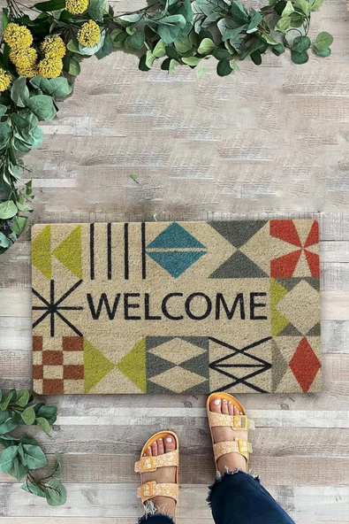 Valerine Life Rustik Geometrik Üçgen Çizgi Desenli Welcome Hoş Geldiniz Kapı Önü Paspası 45x70cm ürün görseli 1