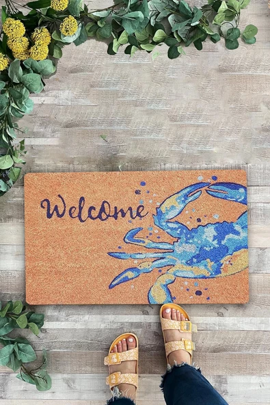 Valerine Life Mavi Yengeç Desenli Welcome Hoş Geldiniz Kapı Önü Paspası 45x70cm ürün görseli 1