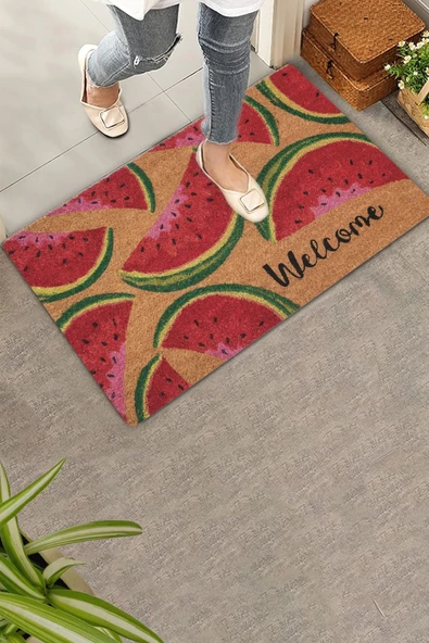 Valerine Life Karpuz Dilimi Desenli Kırmızı Welcome Hoş Geldiniz Kapı Önü Paspası 45x70cm ürün görseli 1