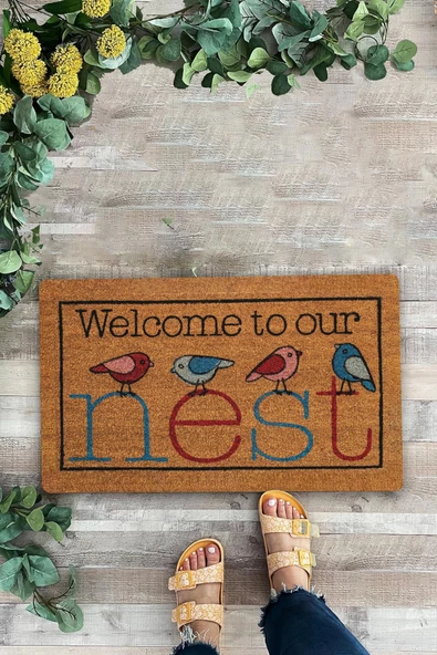 Valerine Life Yuvamıza Hoş Geldiniz Kuşlar Temalı Welcome Ev Ofis işyeri Kapı Önü Paspası 45x70cm ürün görseli 1