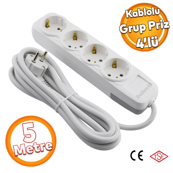 Kablolu 4'lü Topraklı Grup Priz Fiş Çoğaltıcı 5 Metre Çoklu Uzatma Kablosu Anahtarsız ürün görseli 1