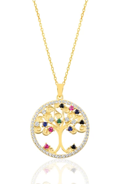 Gümüş altın zirkon taşlı yaşamın renkli dalları ağaç kolye SGTL12631GOLD ürün görseli 1