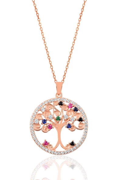 Gümüş rose zirkon taşlı yaşamın renkli dalları ağaç kolye SGTL12631ROSE ürün görseli 1