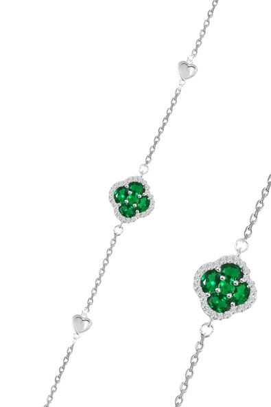 Gümüş rodyumlu sedef,yeşil ve zirkon taşlı şanslı kalpler yonca bileklik SGTL12643YESIL ürün görseli 1