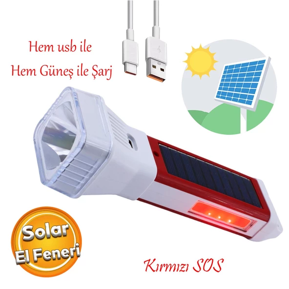 Şarjlı Solar Güneş Enerjili 5 Işık Modu Led El Feneri Usb Şarj Kamp Avcı Lambası Gece Lamba ürün görseli 1