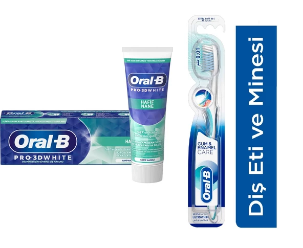 Oral-B Pro 3d White Hafif Nane Diş Macunu 75 Ml + Oral-B Pro Health Hassas Diş Eti Ve Diş Minesi Ultra Ince Diş Fırçası 1 + 1 ürün görseli 1