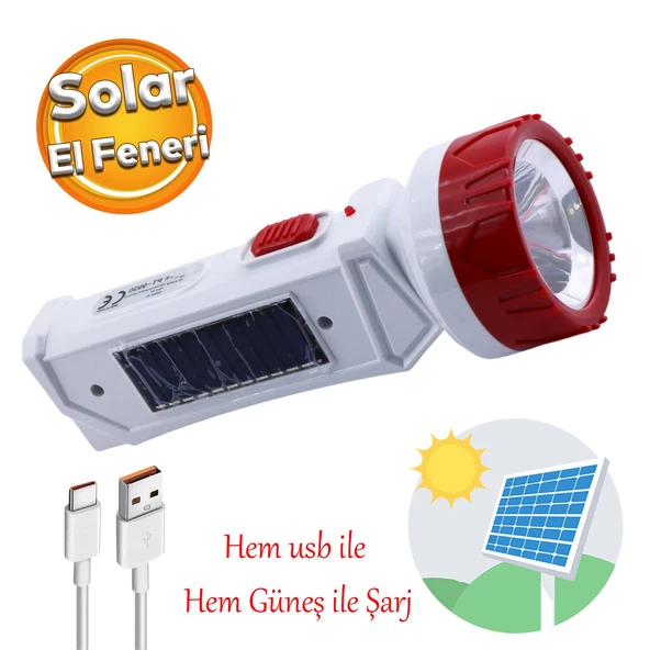 Şarjlı Solar Güneş Enerjili 2 Ledli El Feneri Usb Şarj Kamp Avcı Lambası Gece Lamba ürün görseli 1
