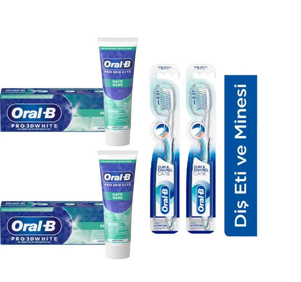 Oral-B Pro 3d White Hafif Nane Diş Macunu 75 Ml + Oral-B Pro Health Hassas Diş Eti Ve Diş Minesi Ultra Ince Diş Fırçası 2 + 2 ürün görseli 1