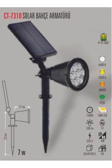 CATA SOLAR BAHÇE ARMATÜRÜ 7W AMBER (CT-7310) ürün görseli 1