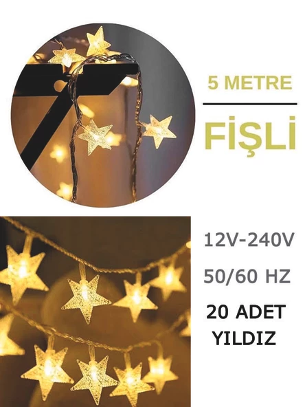 Dekoratif Yıldız Kablo Yılbaşı Ağacı Cam Süsü LED Işık 5 Metre 20 Yıldız Fişli ürün görseli 1