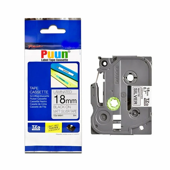 Brother Tze-M941 18 Mm X 8 mt  Mat Gümüş Üzeri Siyah Güçlü Yapışkanlı İthal Muadil Laminasyonlu Etiket ürün görseli 1