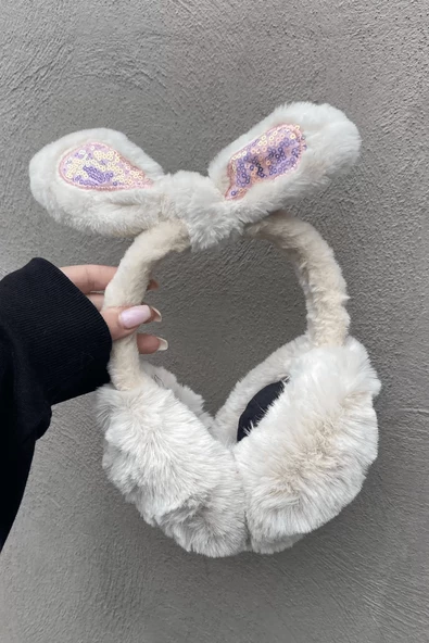 Krem Renk Kulak Figürlü Peluş Kulaklık - Resim 2