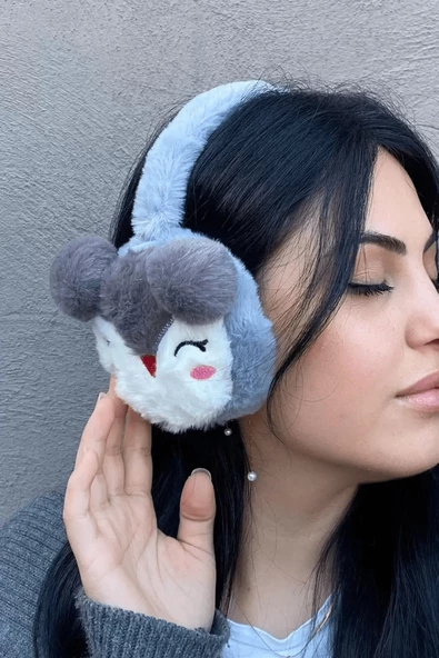 Gri Renk Ayıcık Figürlü Peluş Kulaklık ürün görseli 1