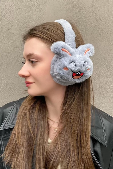 Gri Renk Tavşan Detaylı Peluş Kulaklık ürün görseli 1
