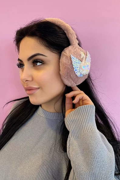 Pudra Renk Kuğu Detaylı Peluş Kulaklık ürün görseli 1