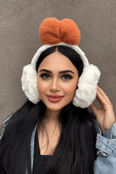 Beyaz Ve Turuncu Renk Kurdele Figürlü Peluş Kulaklık ürün görseli 1
