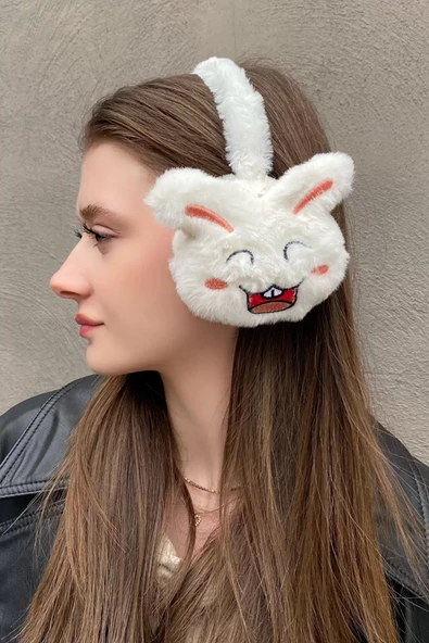 Beyaz Renk Tavşan Detaylı Peluş Kulaklık ürün görseli 1