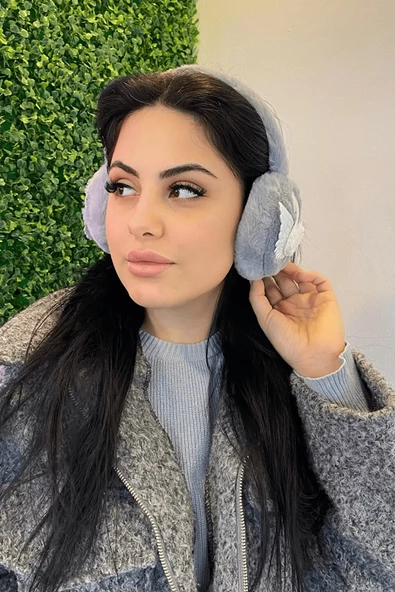 Gri Renk Kuğu Detaylı Peluş Kulaklık ürün görseli 1