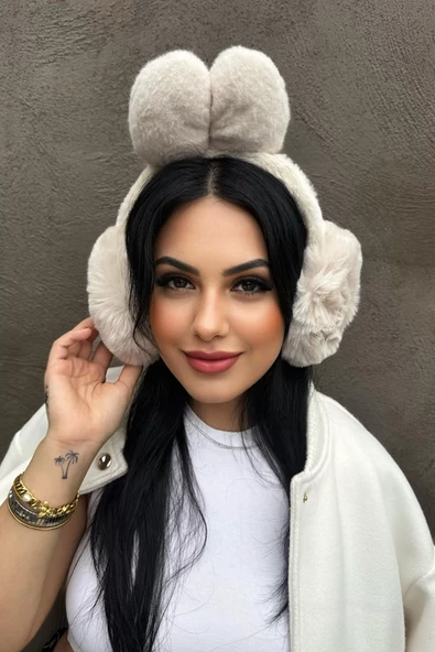 Krem Renk Kurdele Figürlü Peluş Kulaklık ürün görseli 1