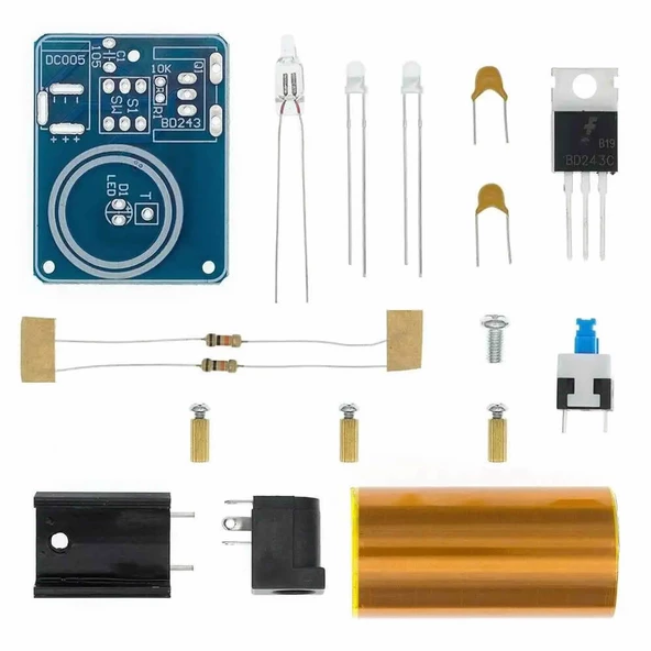 Demonte Mini Tesla Bobin Kit Modül  Kablosuz Enerji İletimi BD243 DC 9 / 12V Temassız Elektrik Transformatör Plazma Aktarım Proje Ödev Lehimleme Eğitim Seti - Resim 3