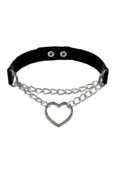 Siyah Deri Tasma Kalp Zincirli 37 Cm Choker Çıt Çıtlı Kadın Kolye ürün görseli 1