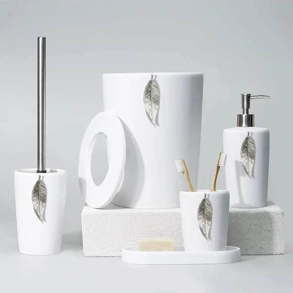 SELİM DEKOR LEAF BEYAZ-GÜMÜŞ BANYO SETİ ürün görseli 1