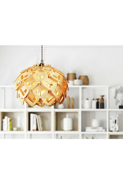 hü ma tasarım ve aksesuarViven Dörtgen Modern Tasarım Globe Küre Doğal Ahşap Mdf 3d Lazer Kesim Rustik Salon Avize ürün görseli 1