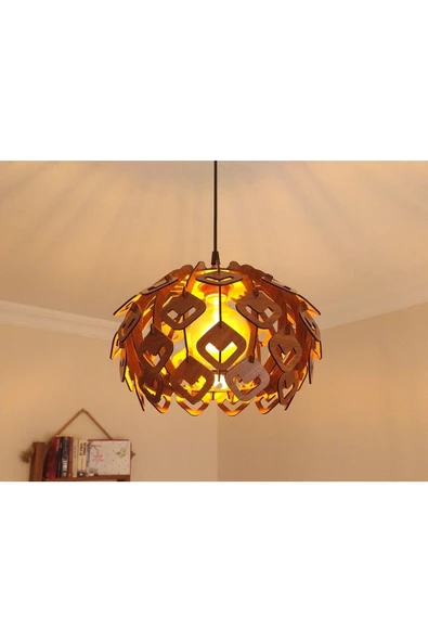 hü ma tasarım ve aksesuarYaprak Modern Tasarım Globe Küre Doğal Ahşap MDF 3D Lazer Kesim Salon Avize ürün görseli 1