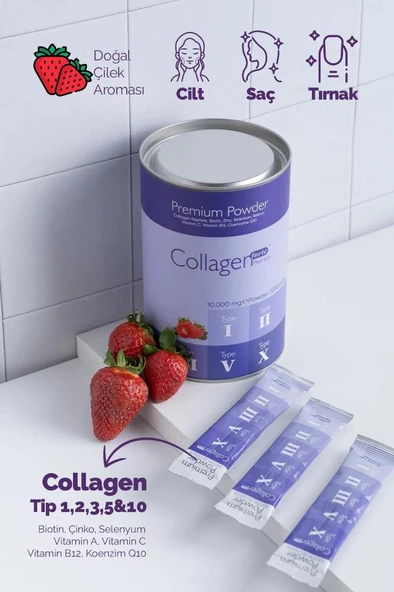 Powder Collagen 300g, 5 Tip Toz Kolajen 10.000mg X 30 Şase & Multivitamin Çilek Aromalı ürün görseli 1