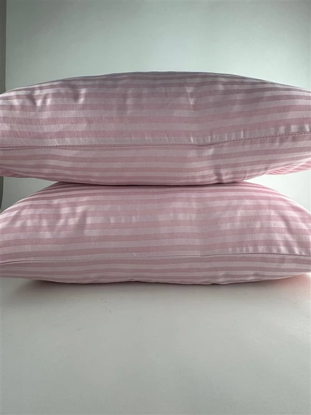 Çizgili Saten Pudra 2 Adet 50x70 Yastık Kılıfı ürün görseli 1