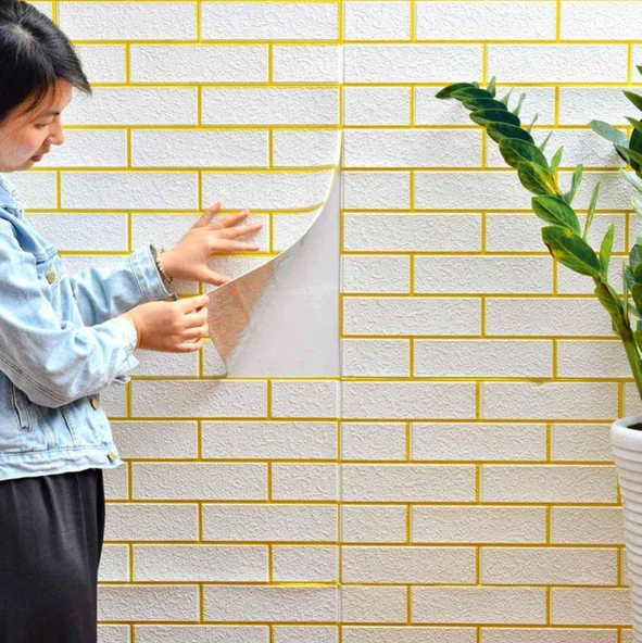 Renkli Duvarlar 70x70cm 1 Adet Kendinden Yapışkanlı Gold Çizgili Altın Beyaz Tuğla Desen Duvar Kağıdı Paneli NW176 ürün görseli 1