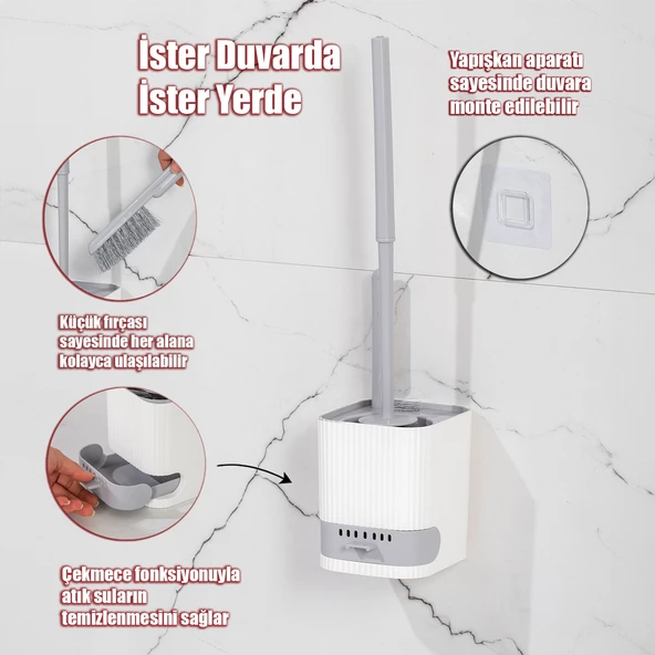 Porsima 2026 Pratik Temizlik Tuvalet Fırçalığı Banyo Tuvalet Fırçası Wc Klozet Fırçası -Gri Beyaz ürün görseli 1