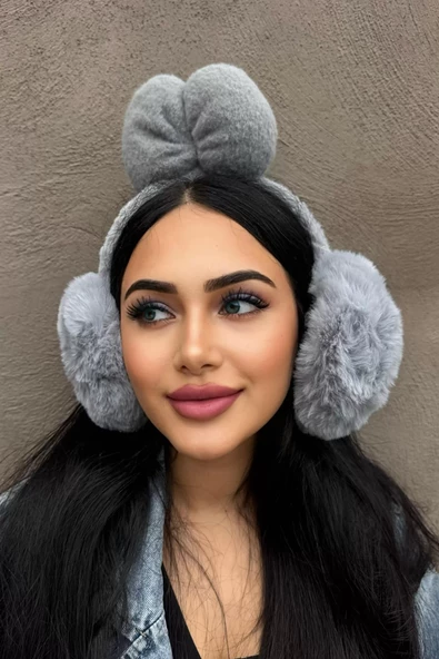 Gri Renk Kurdele Figürlü Peluş Kulaklık ürün görseli 1