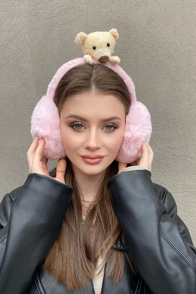 Pembe Renk Ayıcık Figürlü Peluş Kulaklık ürün görseli 1