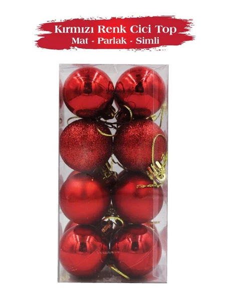 Yılbaşı Top Süs 3 Cm Mat Simli Parlak Kırmızı 16lı ürün görseli 1