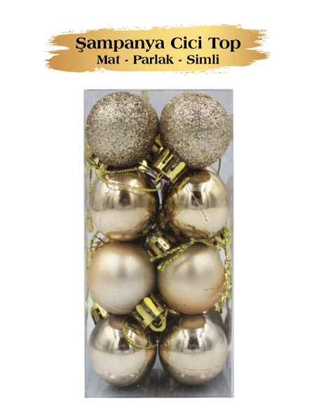 Yılbaşı Top Süs 3 Cm Mat Simli Parlak Şampanya 16lı ürün görseli 1