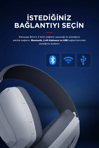 Rampage BLITZ Beyaz/Gri Wireless 2.4G+ Bluetooth Mikrofonlu Kablosuz Oyuncu Kulaklığı - Resim 2