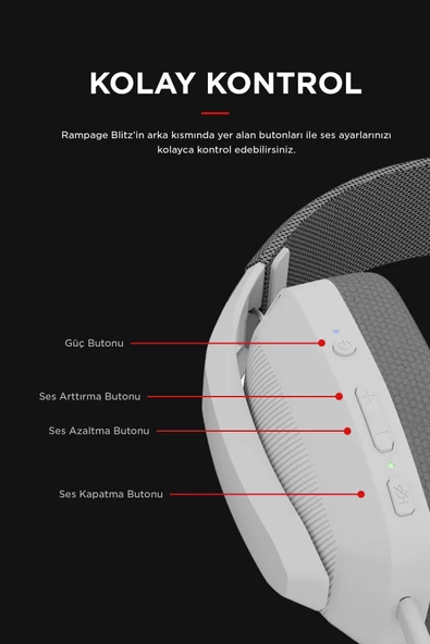 Rampage BLITZ Beyaz/Gri Wireless 2.4G+ Bluetooth Mikrofonlu Kablosuz Oyuncu Kulaklığı - Resim 6