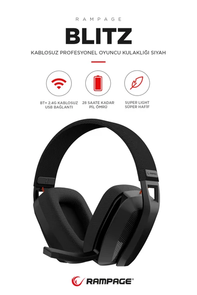 Rampage  BLITZ Siyah Wireless 2.4G+ Bluetooth Mikrofonlu Kablosuz Oyuncu Kulaklığı ürün görseli 1
